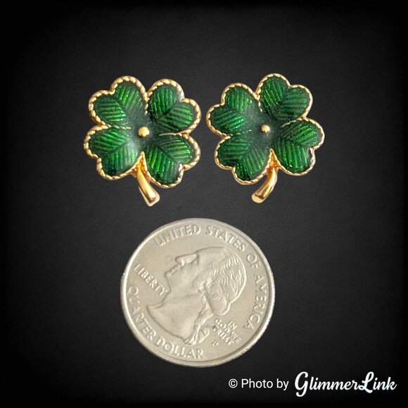 Vintage Avon Lucky Clover Earrings – Green Enamel Four Leaf Shamrock, 1990s - Picture 2 of 6